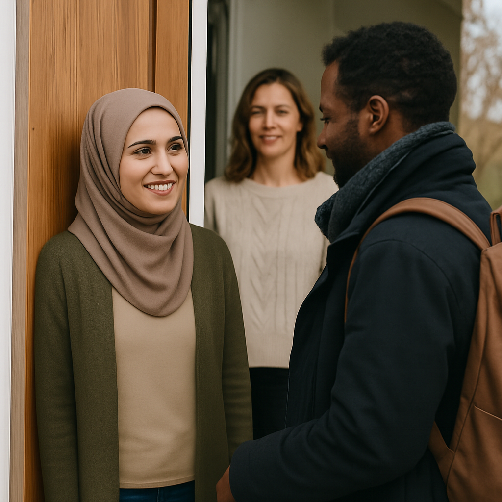 Image features a Muslim woman holding the door open to welcome a black man.