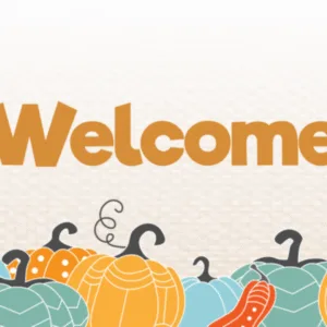 Native Pumpkins Graphics with colorful illustrated pumpkins in geometric patterns, orange text saying "Welcome" on cream background, worship background for church slides — worship background for church slides for progressive churches