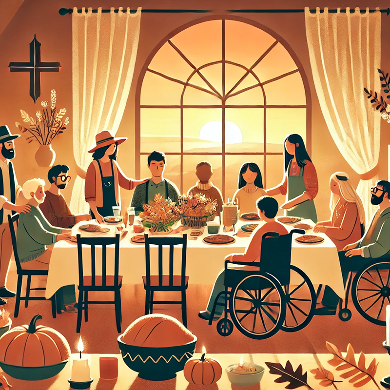 A group of people gathered around a Thanksgiving table.