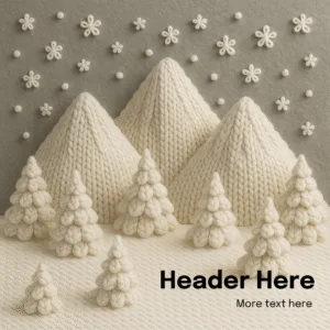 Knitted Mountains winter scene with three large cream-colored yarn mountains, small knitted evergreen trees, and decorative snowflakes on neutral background, PowerPoint worship template for progressive churches