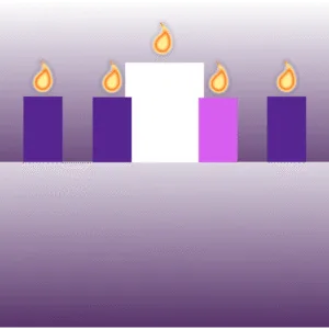 Advent Preparation Graphics: five lit candles in purple, pink, and white with golden flames against a purple gradient background, worship background for church slides — worship background for church slides for progressive churches