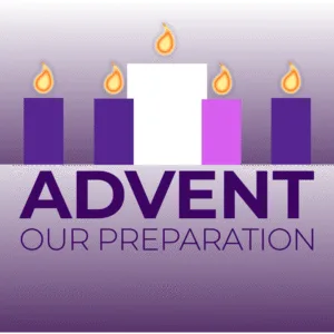 Advent preparation graphic with five lit candles in purple, pink, and white against a gradient purple background, worship background for church slides for progressive churches