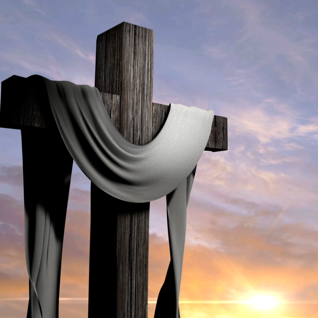 Easter church media. A white draped in white cloth against a colorful sky.