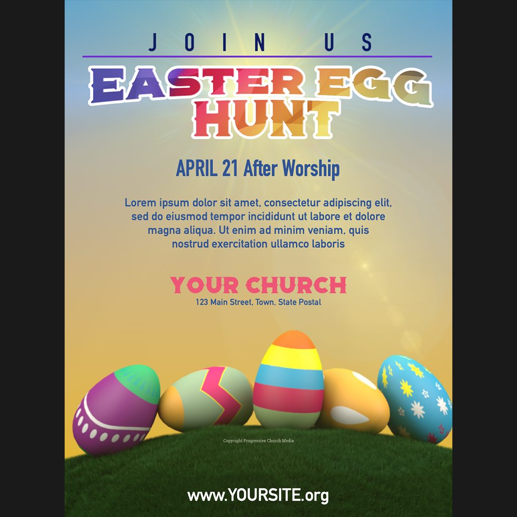 Easter church media. Image of a flyer template featuring Easter eggs for an egg hunt.