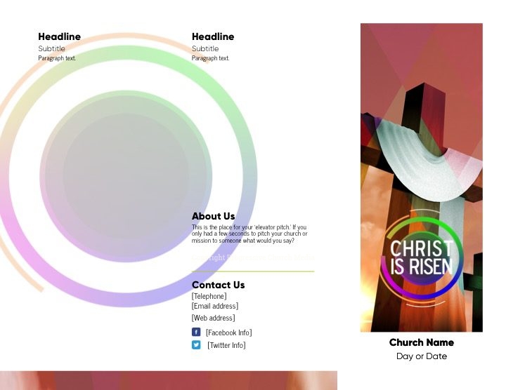 Easter church media. Image shows a template for a bulletin featuring a cross draped in white cloth