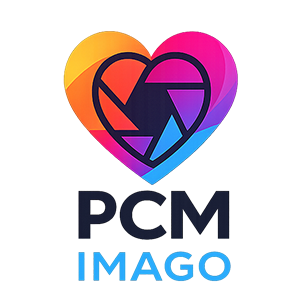 PCM Imago logo. Rainbow-colored Aperture shaped like a heart. White background.