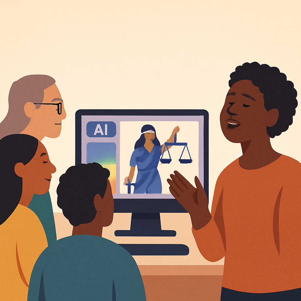 Image shows a diverse team using AI to create justice-themed images on a computer