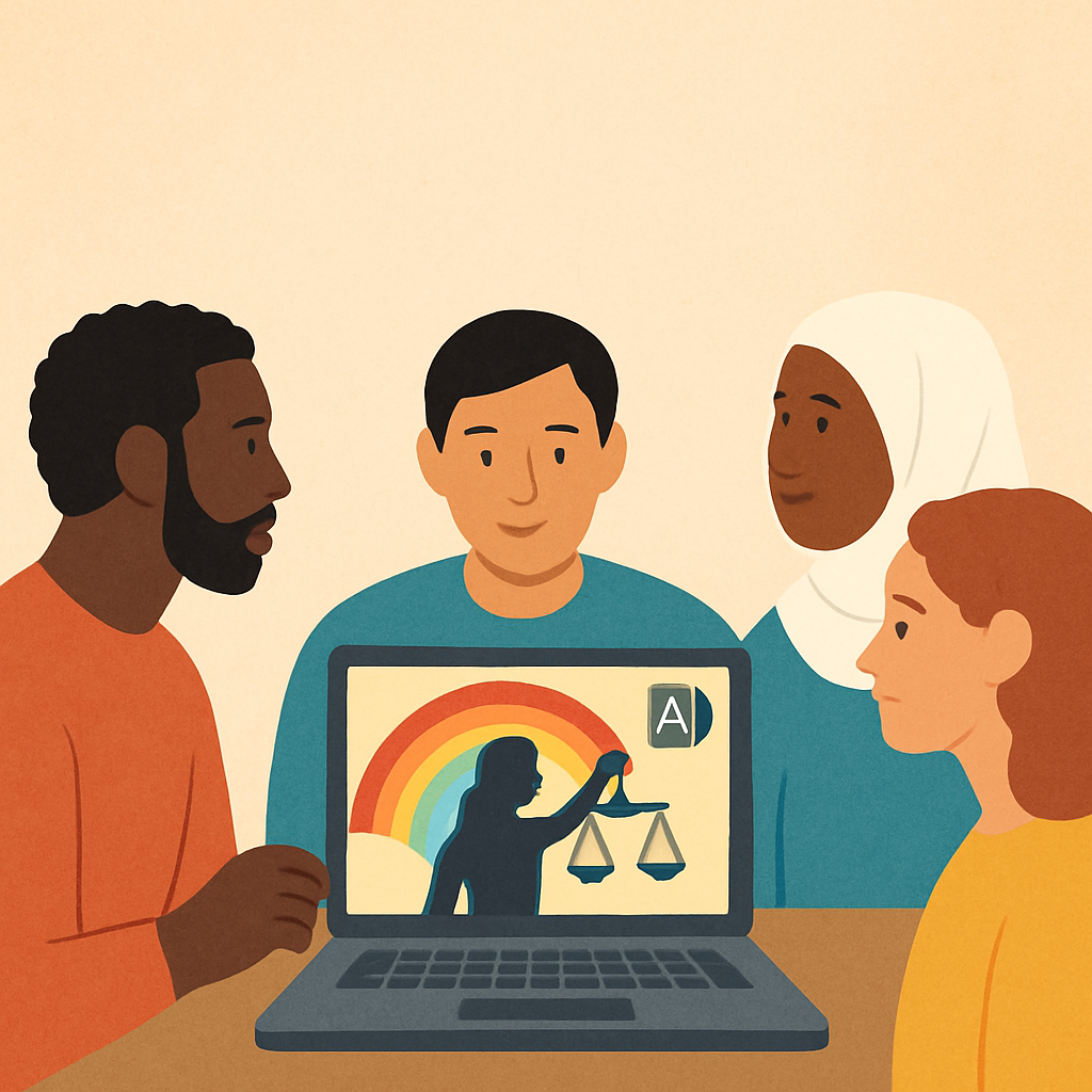 Image features a diverse team of people using a laptop to generate worship graphics using AI