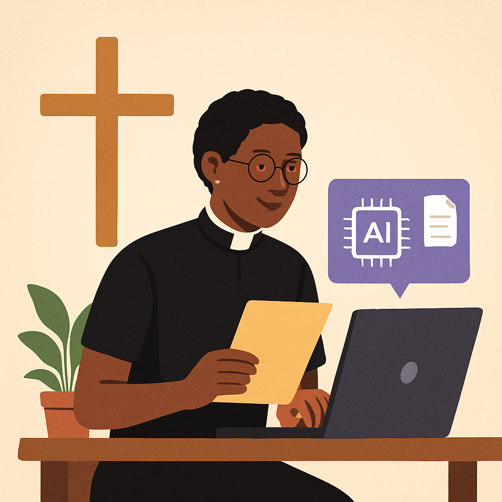 Image features a black female minister using her laptop and AI to plan and organize.