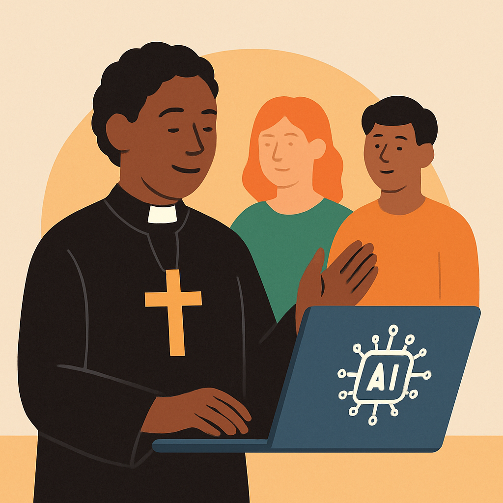 Image features a black male ministry using his laptop and AI to brainstorm ideas