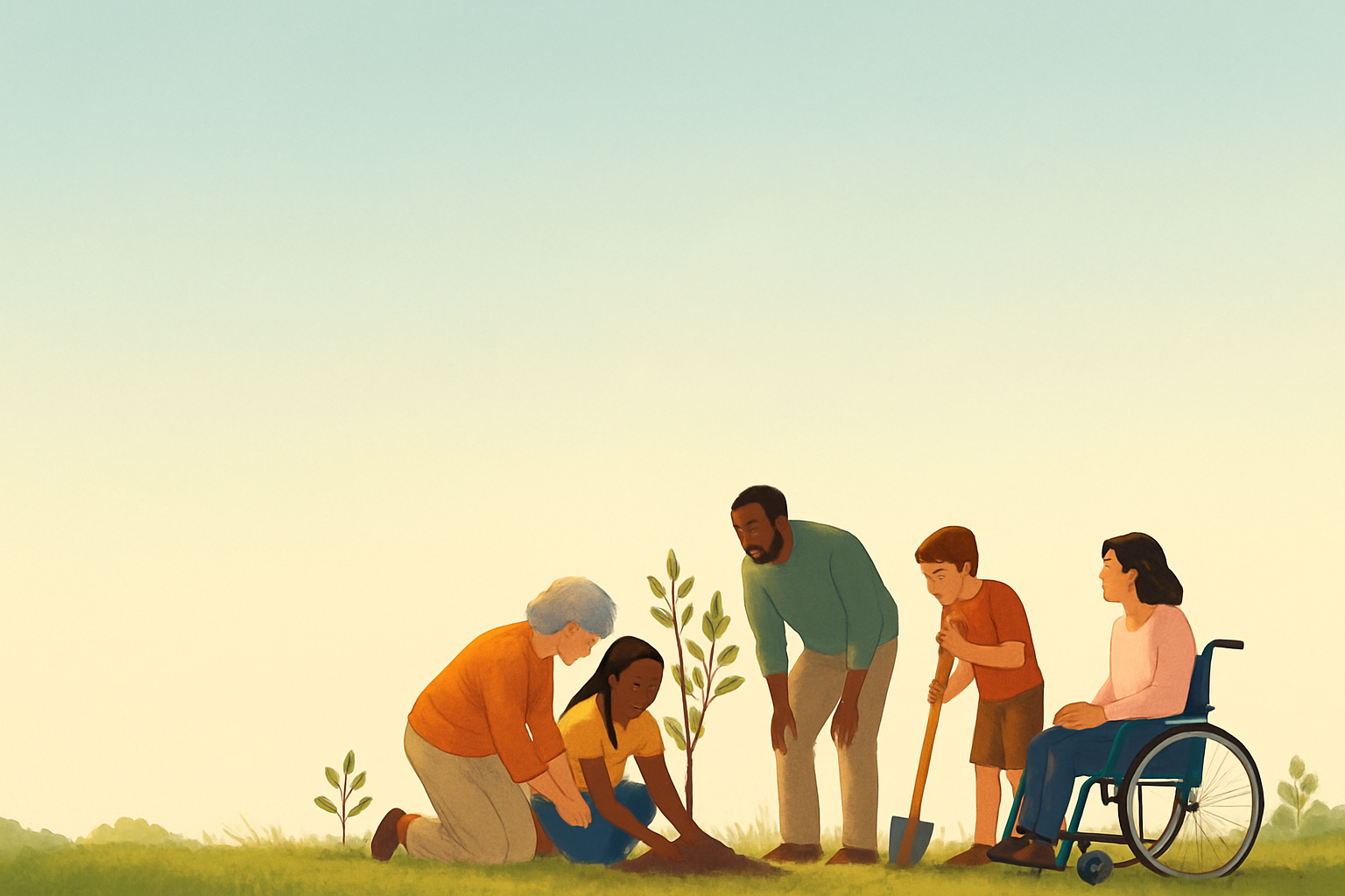 A diverse group of people plant a tree.