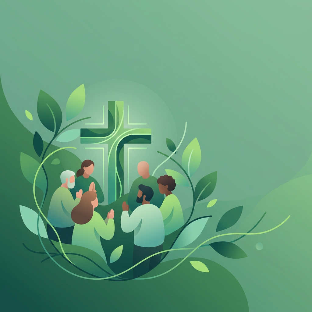 Abstract image in shades of green of a diverse group of people celebrating Ordinary Time