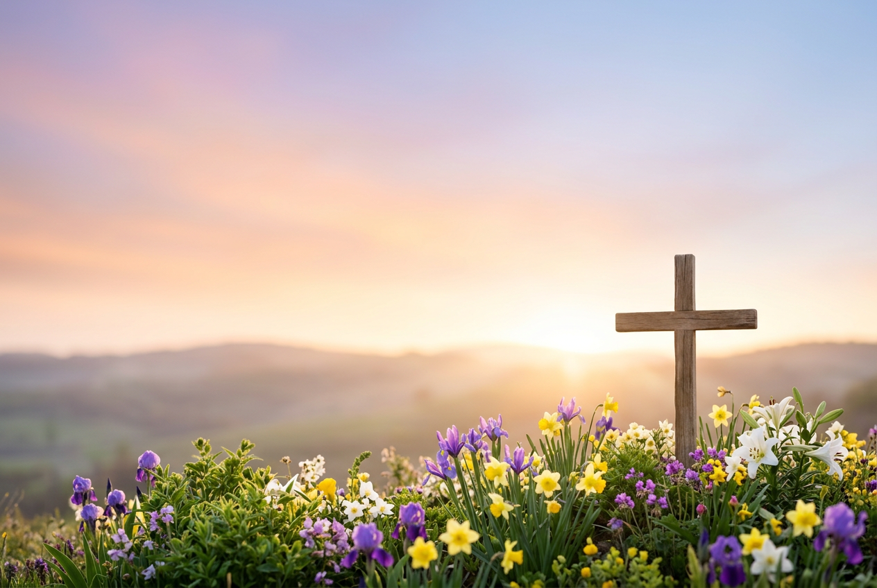 Holy Week Worship Graphics - image features a cross at sunrise surrounded by spring flowers