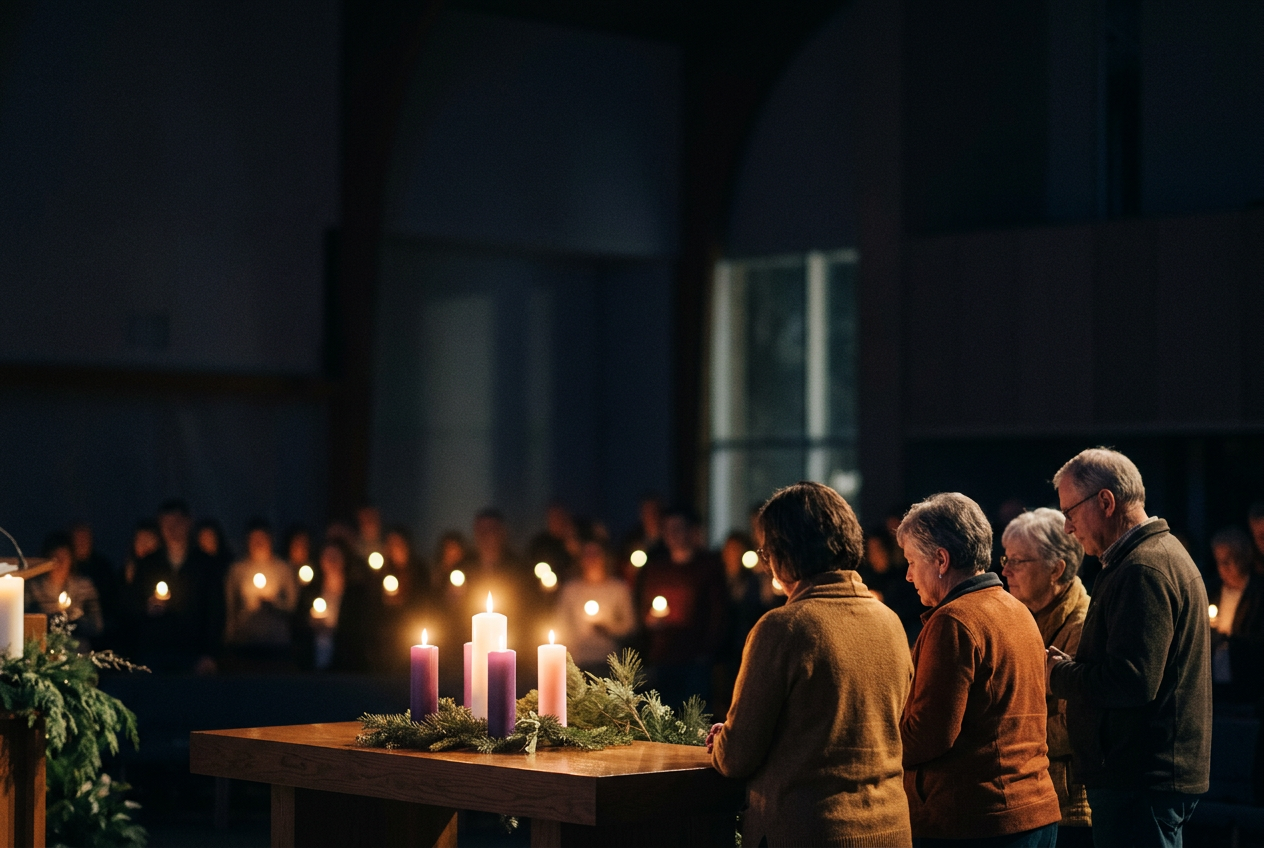 Creative Christmas Eve Service Ideas - dark sanctuary with gentle candlelight on Christmas Eve