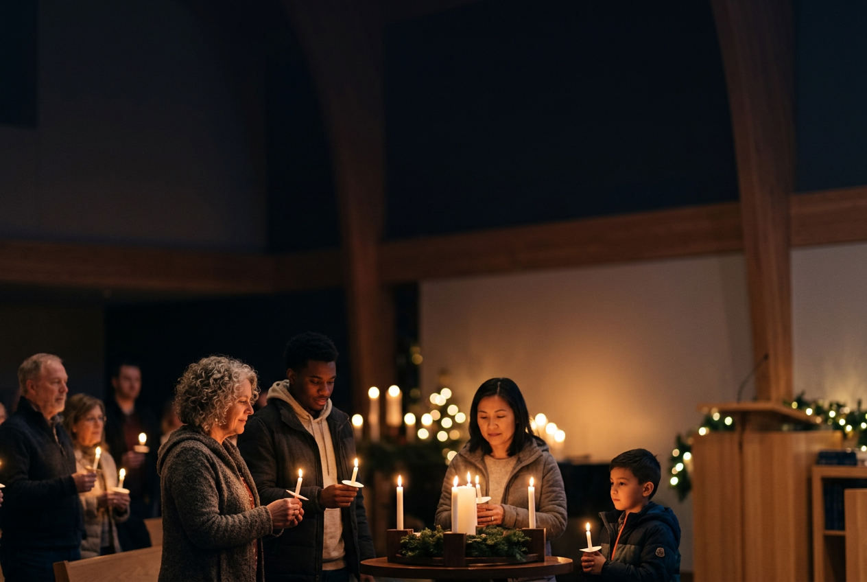 Creative Christmas Eve Service Ideas - Candlelight Christmas Eve church background, warm golden glow, dark navy and black tones, soft bokeh lights