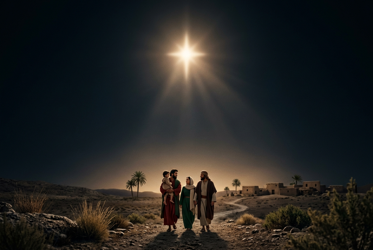 Creative Christmas Eve Service Ideas - Star of Bethlehem shining in a dark sky, soft glowing light, peaceful and sacred atmosphere, minimalist composition, modern church slide background, space for text, no text