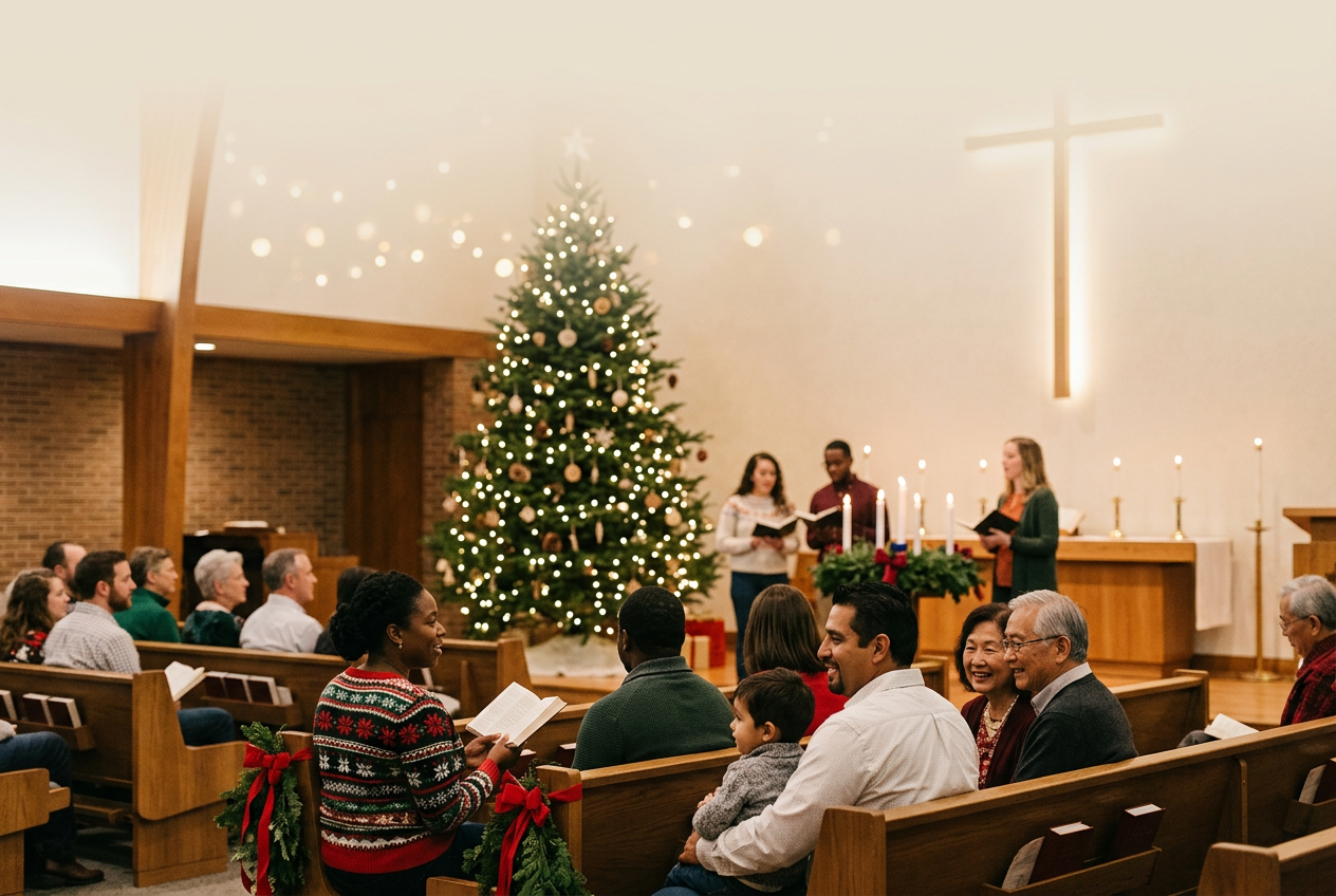 Creative Christmas Eve Service Ideas - Inclusive Christmas worship image, diverse community gathered in warmth and light, soft glow, hopeful and welcoming atmosphere, modern church aesthetic, space for text, no text