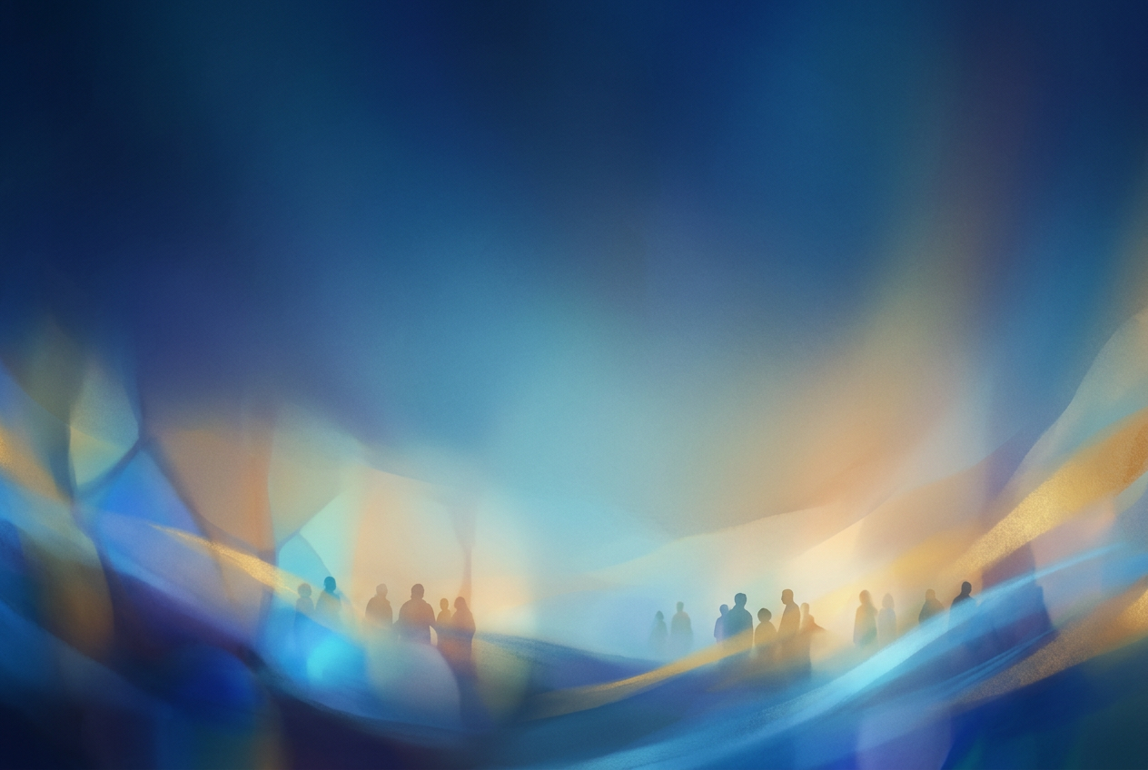 Creative Christmas Eve Service Ideas - Abstract Christmas worship background, flowing light, gold and deep blue tones, artistic and modern, minimal composition, designed for church slides, space for text, no text