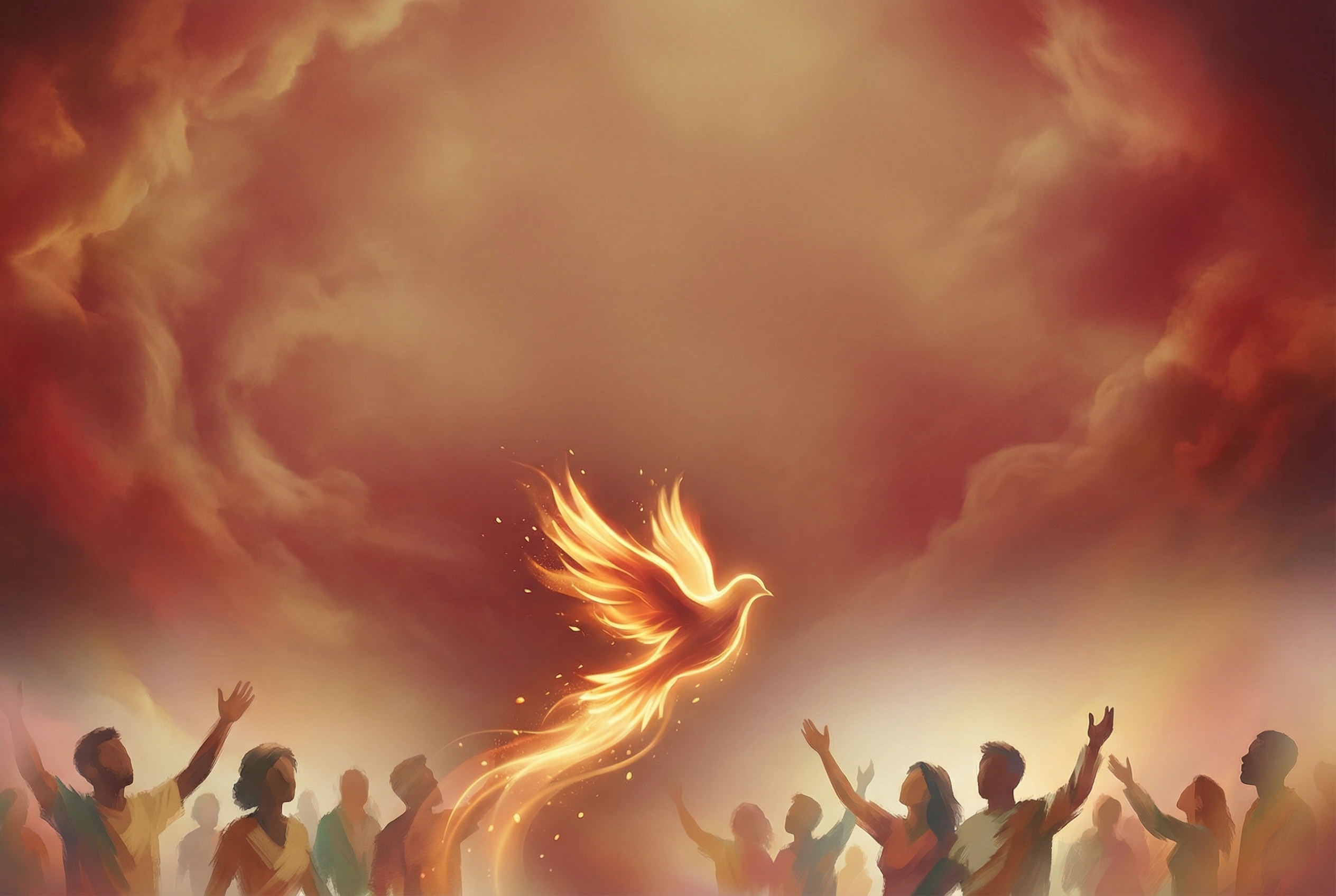 Pentecost dove descending with fire and light, symbolic Holy Spirit imagery, radiant glow, red gold palette, soft clouds, contemporary Christian art style, sermon slide composition with text space