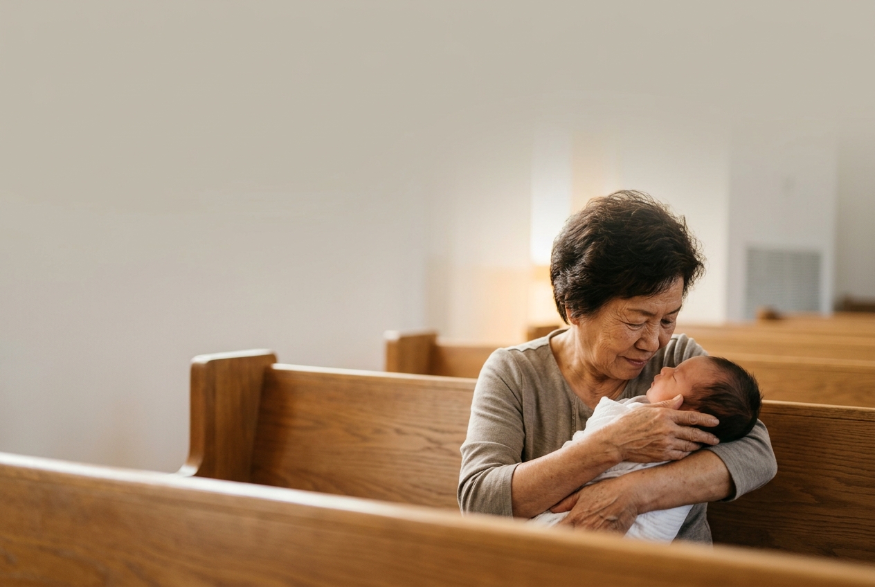 Asian grandmother holding newborn baby, generational love, peaceful and sacred tone, soft glowing light, minimalist background, emotional warmth, sermon slide composition with title space