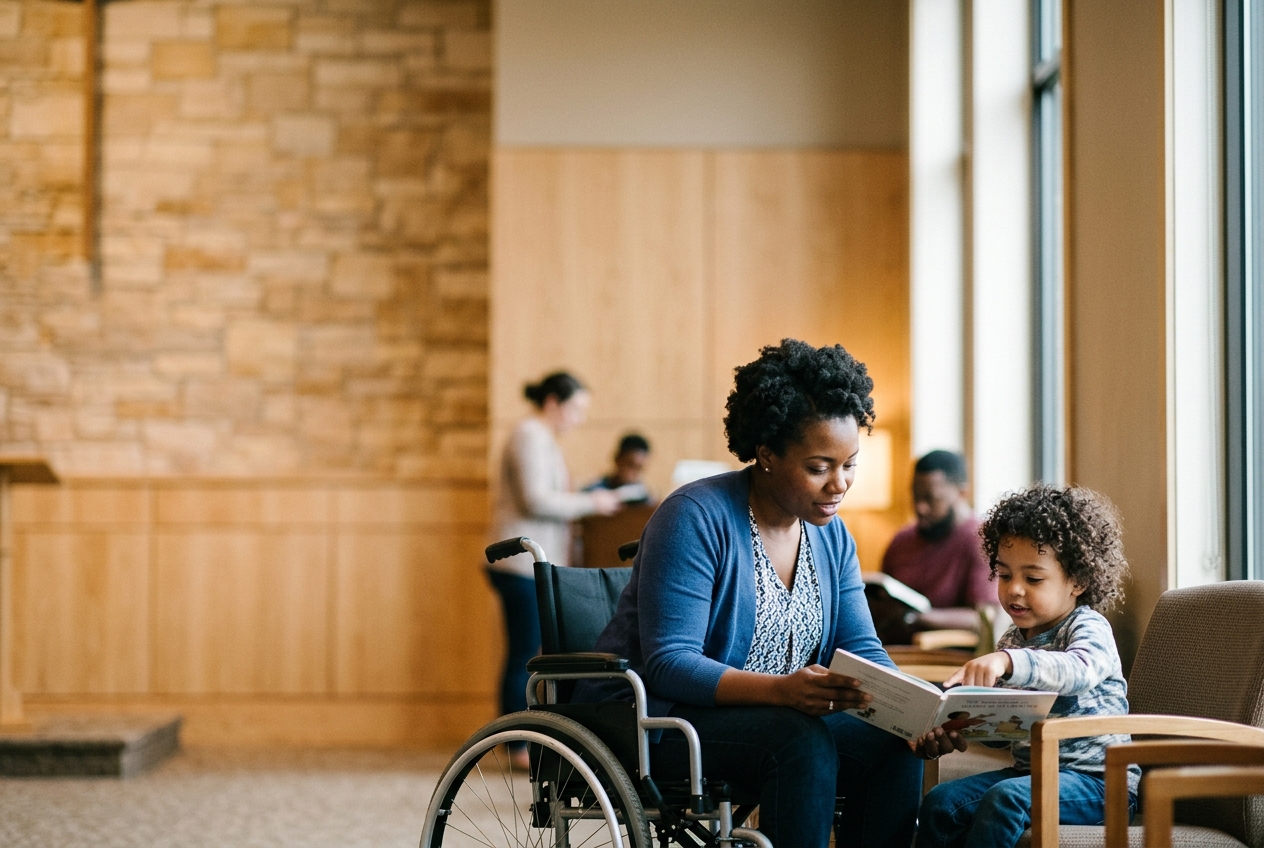 mother using wheelchair reading to her child, visible disability inclusion, warm and loving connection, cozy indoor setting, soft lighting, dignity and strength, worship-ready composition with negative space for text