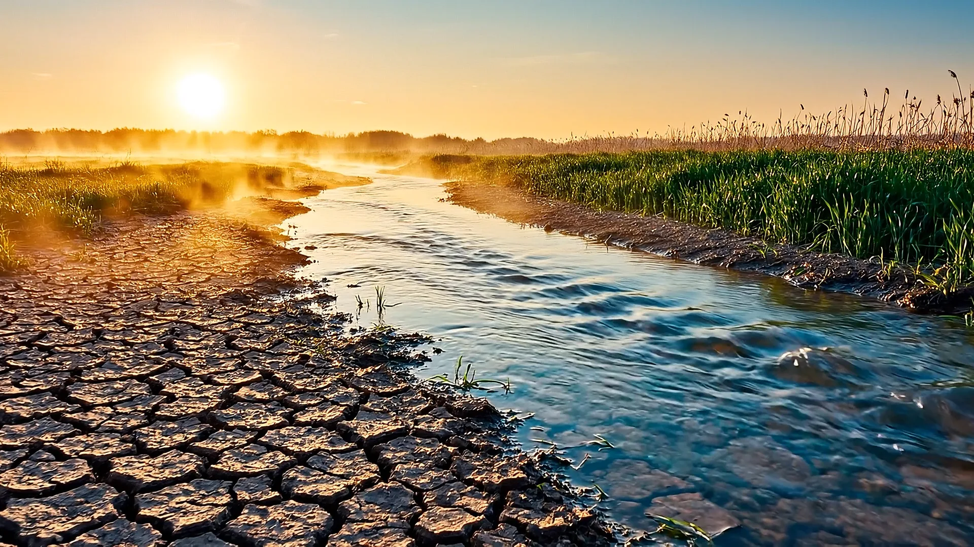 Sunrise over wetland stream with cracked dry earth banks, green marsh grasses, and misty morning light for Season of Creation Worship Videos about Living Water
