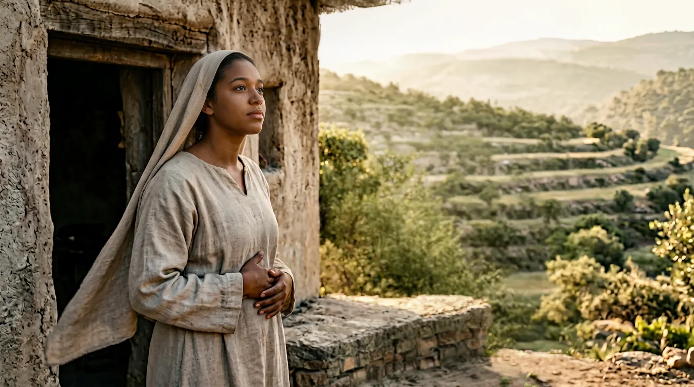 Woman in biblical-era linen clothing and head covering standing contemplatively outside ancient stone dwelling, overlooking fertile valley landscape
