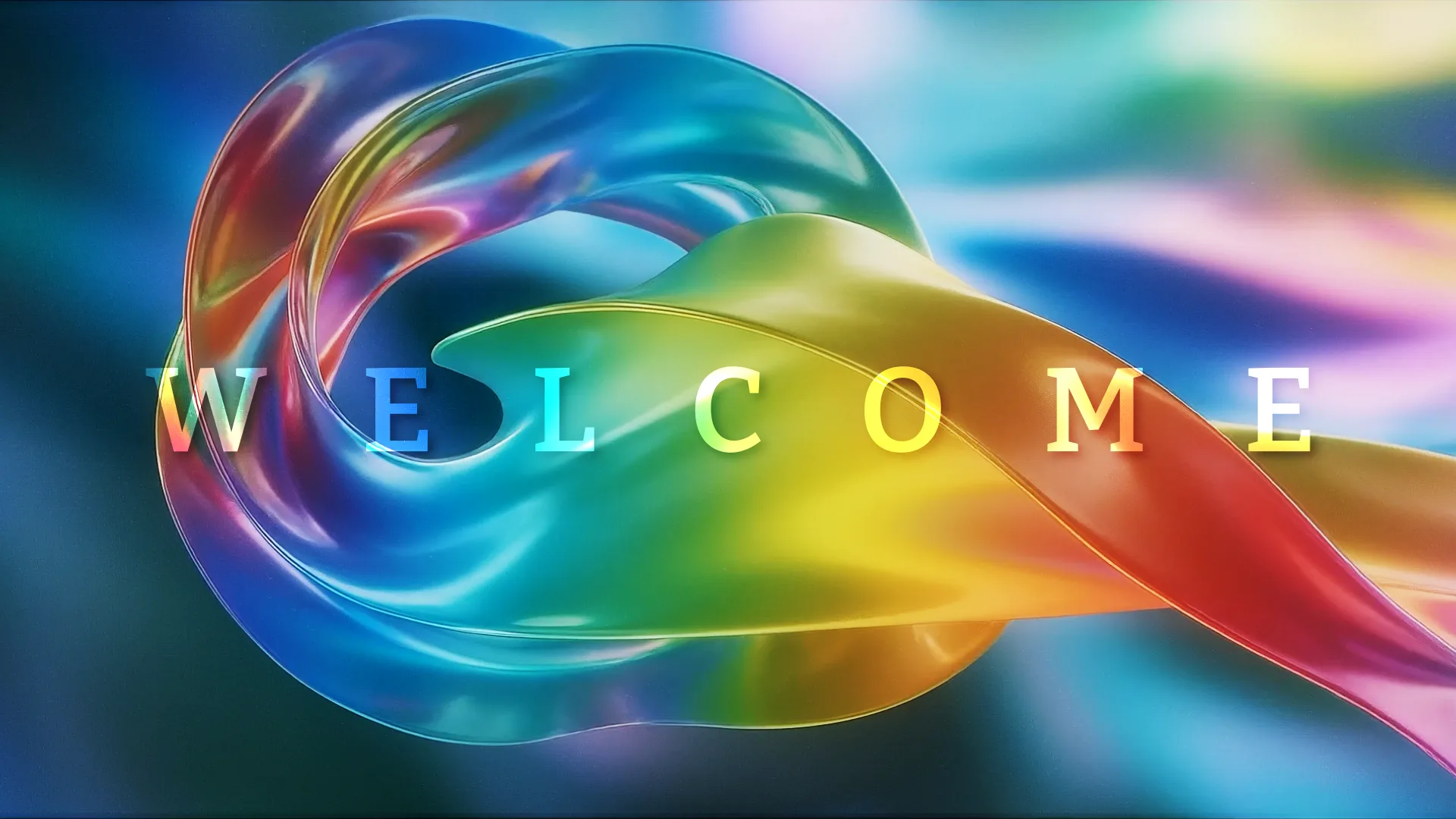 Colorful "Welcome" text overlaid on flowing luminous rainbow ribbons and abstract glass shapes