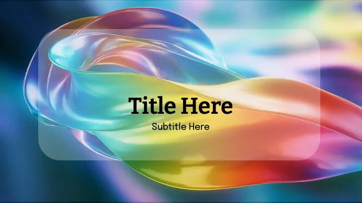 Abstract translucent flowing ribbon in spectrum colors including green, blue, amber, rose, and violet with gradient background