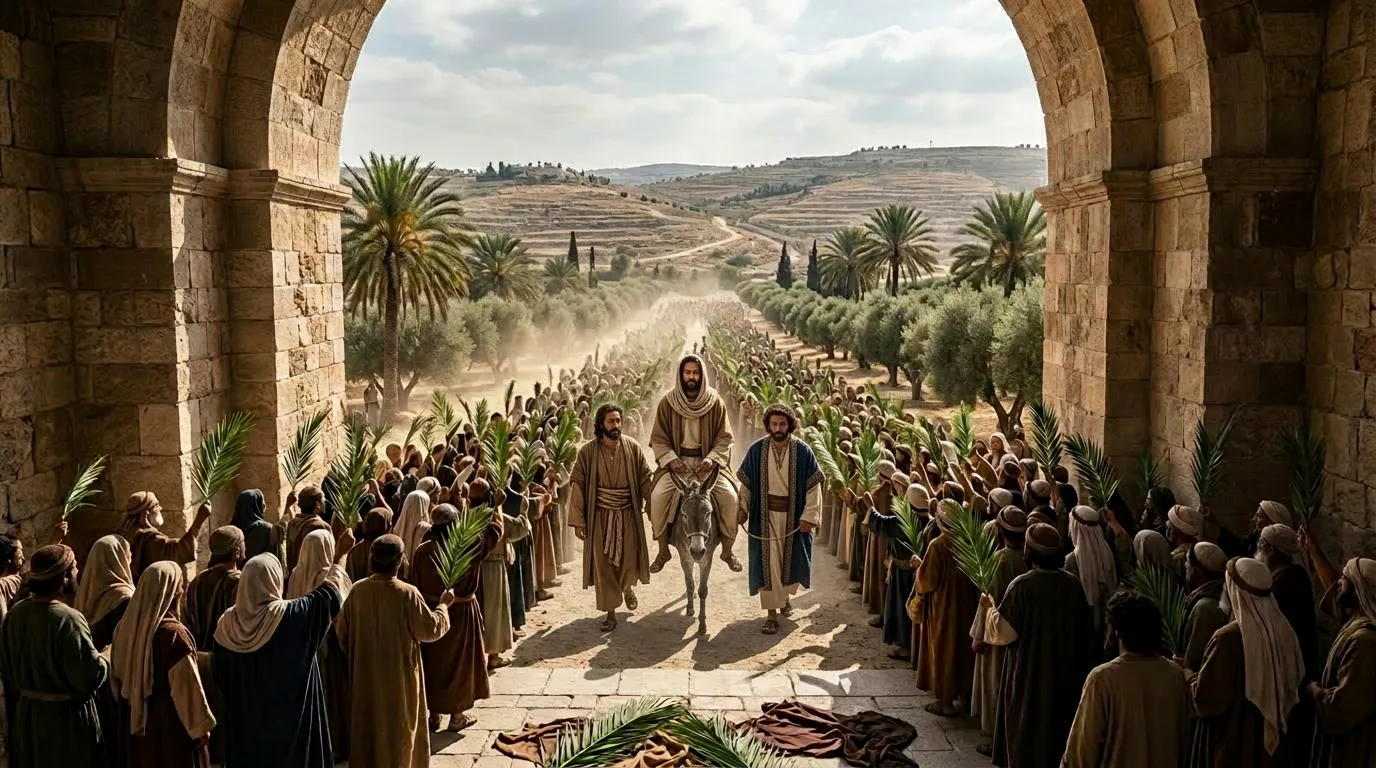 Jesus entering Jerusalem on a donkey through a stone arch, greeted by crowds holding palm branches in biblical illustration