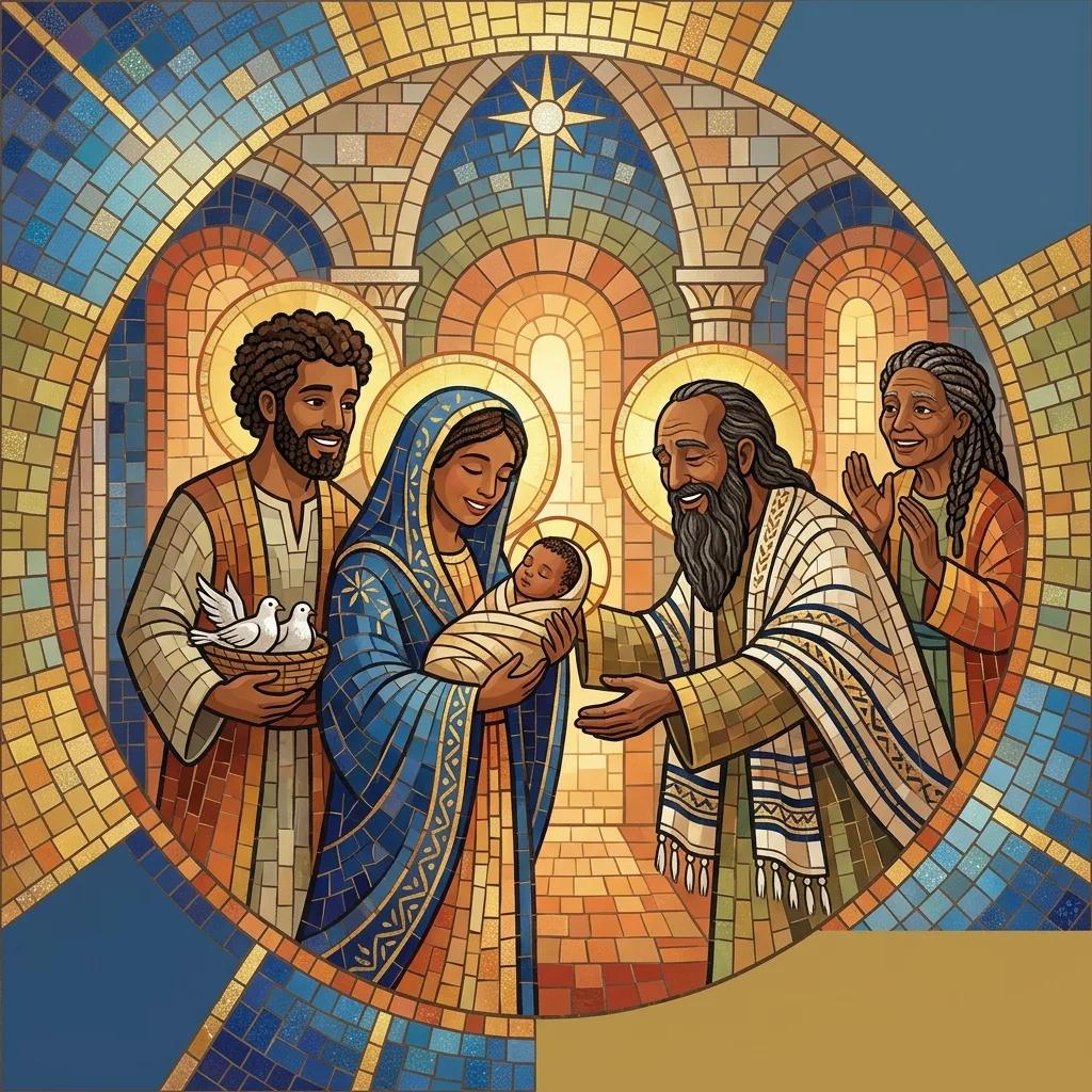 First Sunday after Christmas Year B 2026: Holy Family in mosaic style with Mary holding baby Jesus, Joseph with dove, and elderly Simeon and Anna in golden arched cathedral interior, worship background for church slides — worship background for church slides for progressive churches