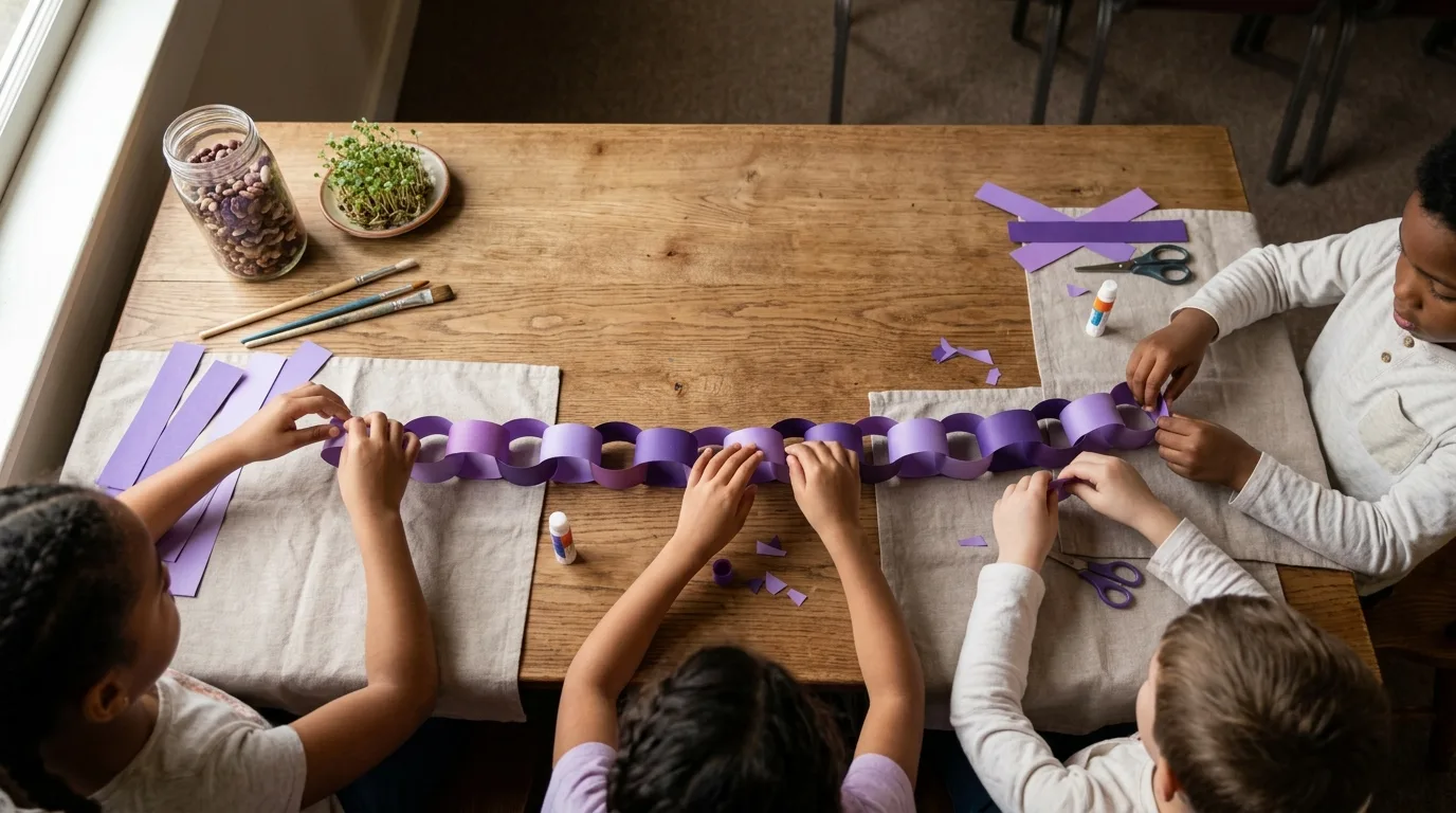 Children making purple paper chain craft for Lent at wooden table with supplies