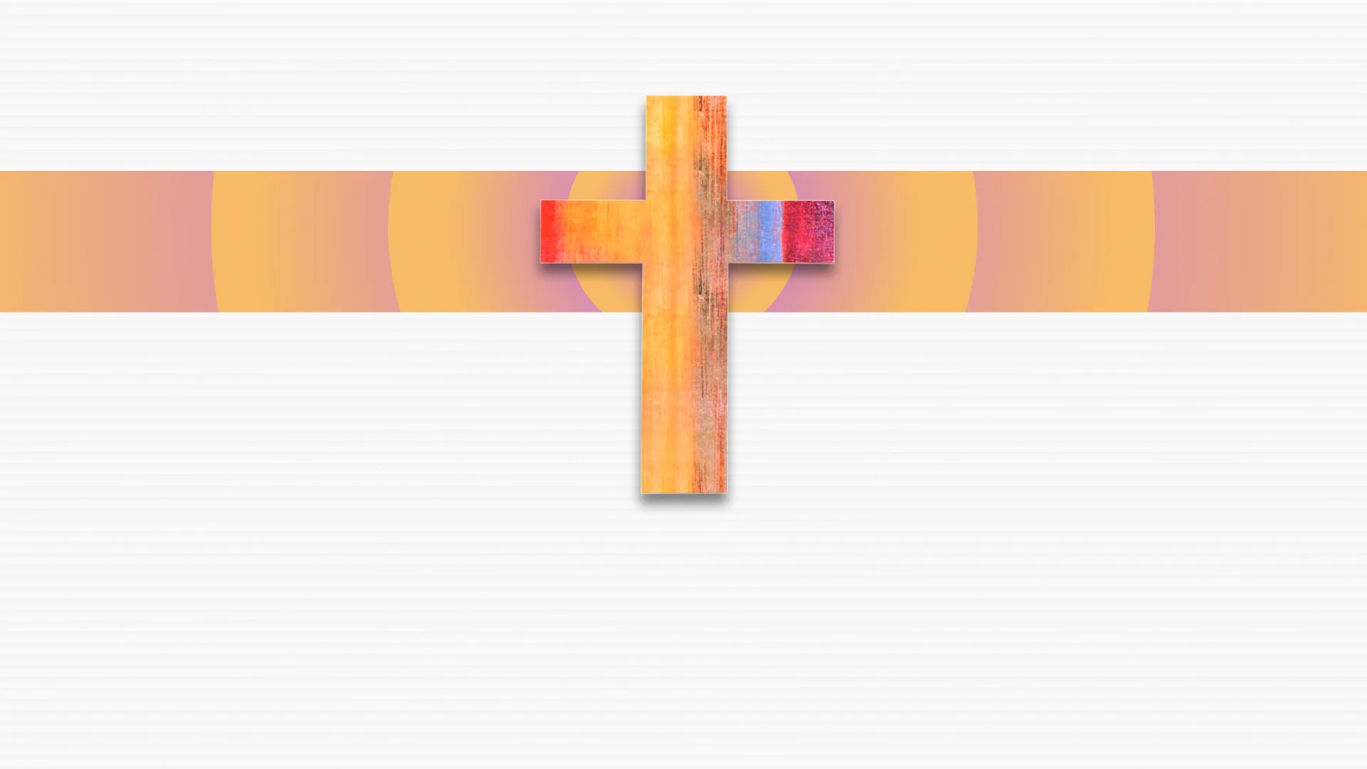 Wooden cross with warm orange and wood grain texture intersecting colorful gradient horizontal stripe