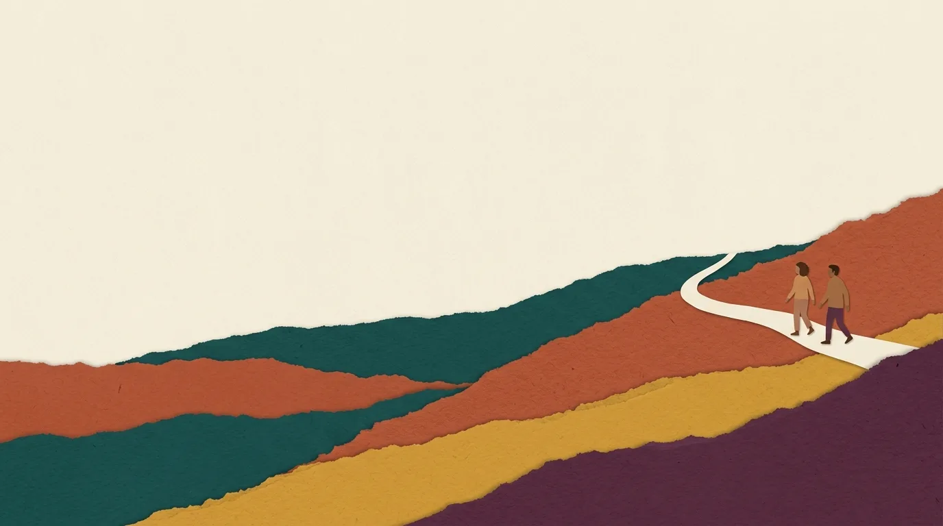 Two figures walking on winding path through layered, colorful hills in retro illustration style for Upside Down: Four Stories Jesus Told