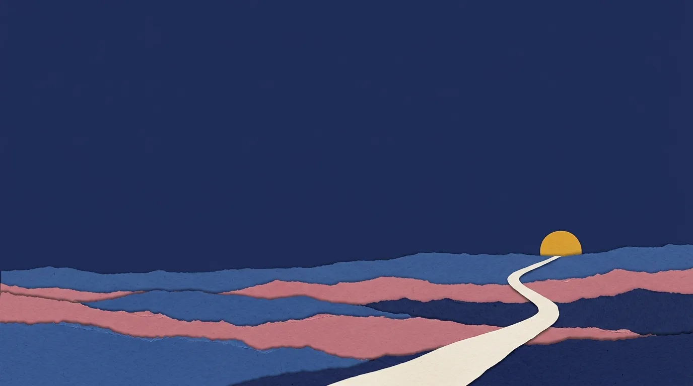 Advent landscape illustration with winding path leading toward golden sun on layered rolling hills in blues and corals