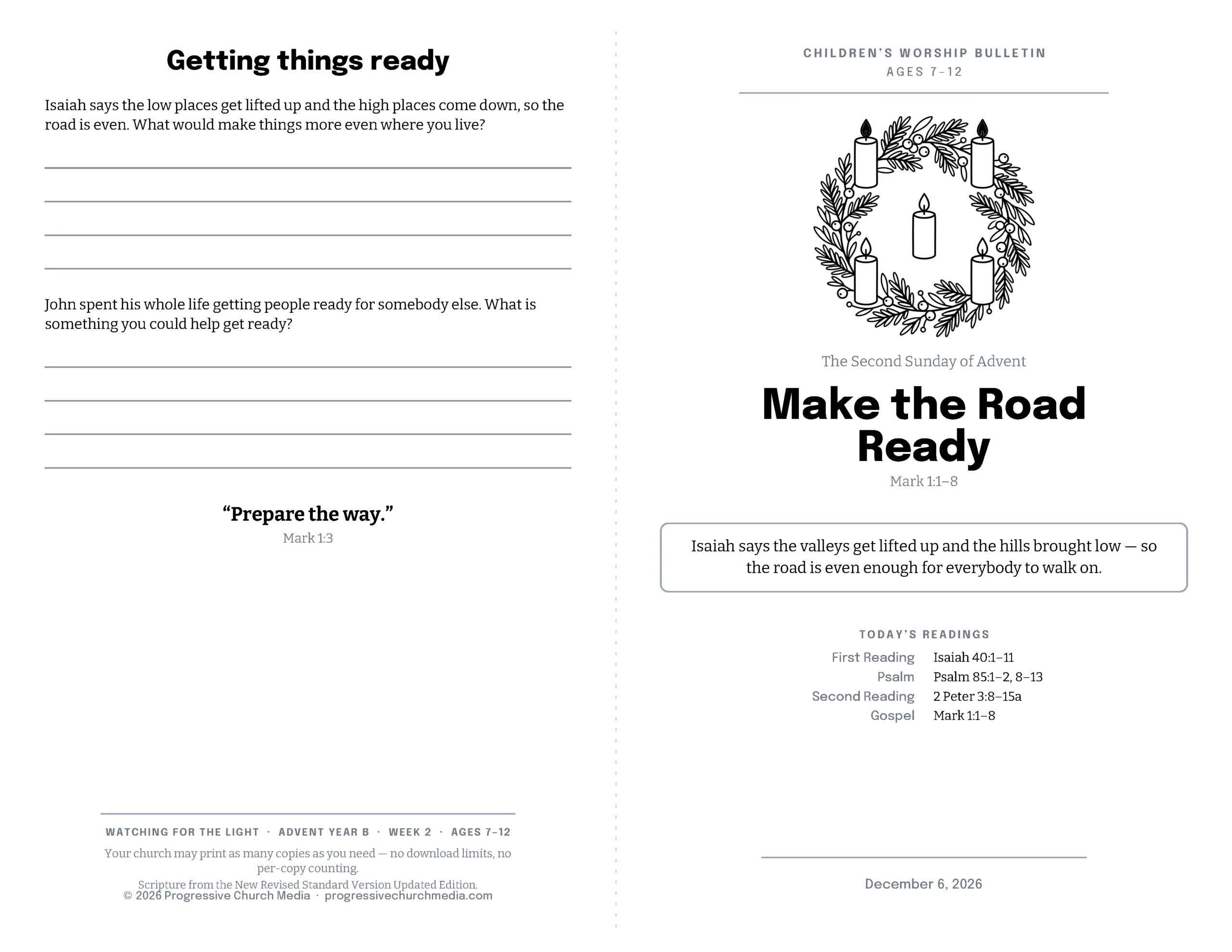 Children's Advent worship bulletin for ages 7-12 with wreath illustration and "Make the Road Ready" lesson from Mark 1:1-8