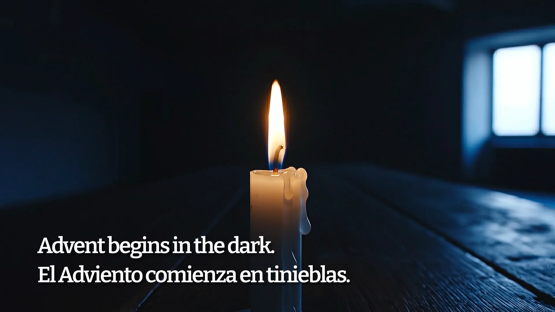 Lit candle in dark room with window light, Advent begins in the dark theme for Christian seasonal video