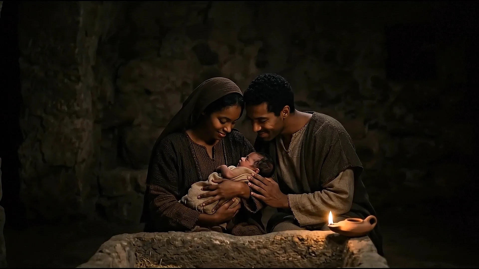 Mary and Joseph with baby Jesus in a candlelit manger scene, traditional nativity portrayal