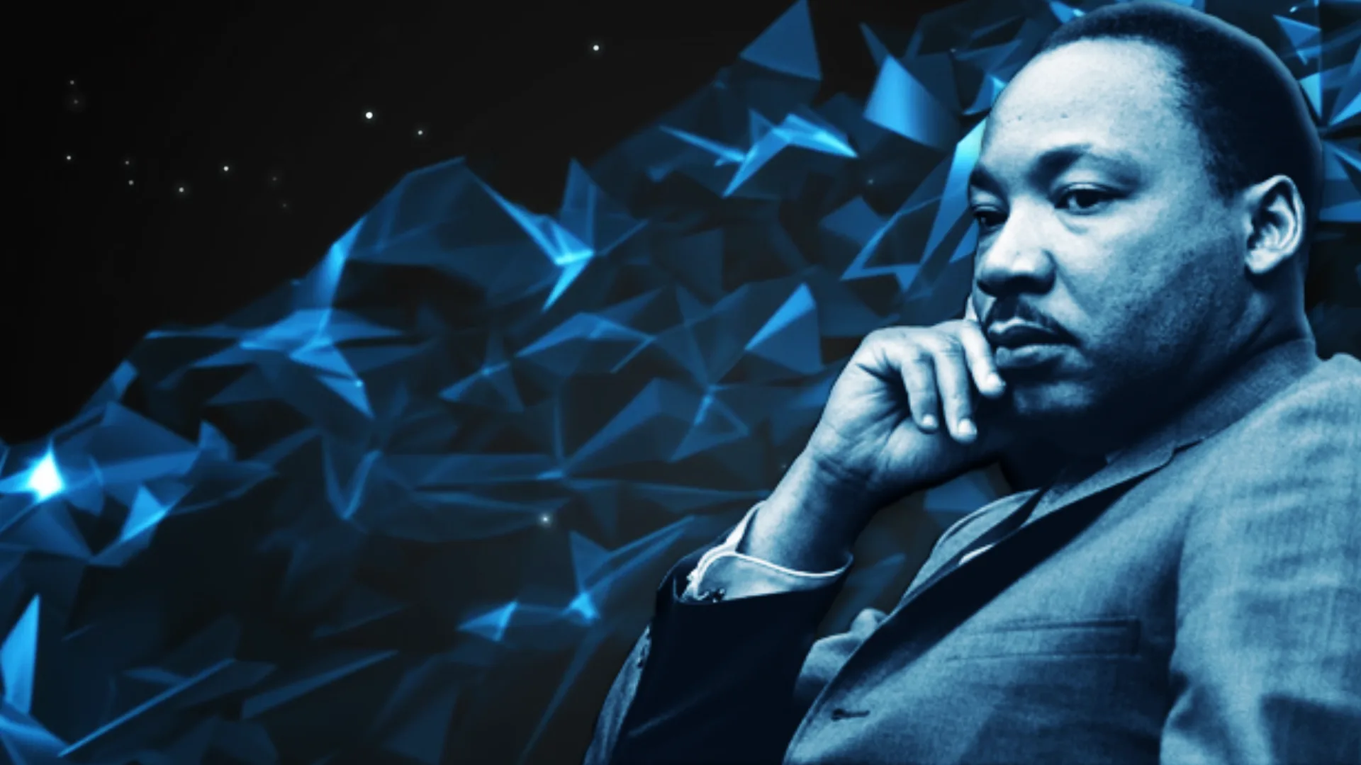 Dr. Martin Luther King Jr. in contemplative pose with hand to chin against blue geometric background with stars