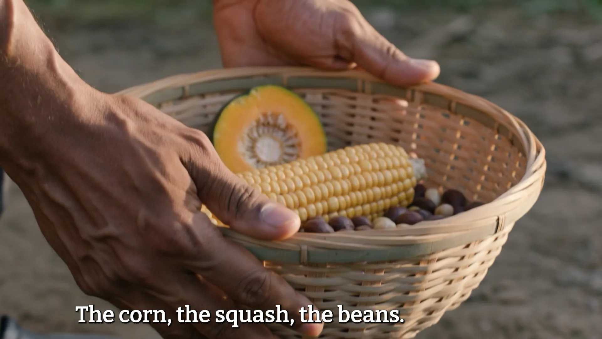 Hands holding woven basket with corn, squash, and beans representing Three Sisters agricultural tradition