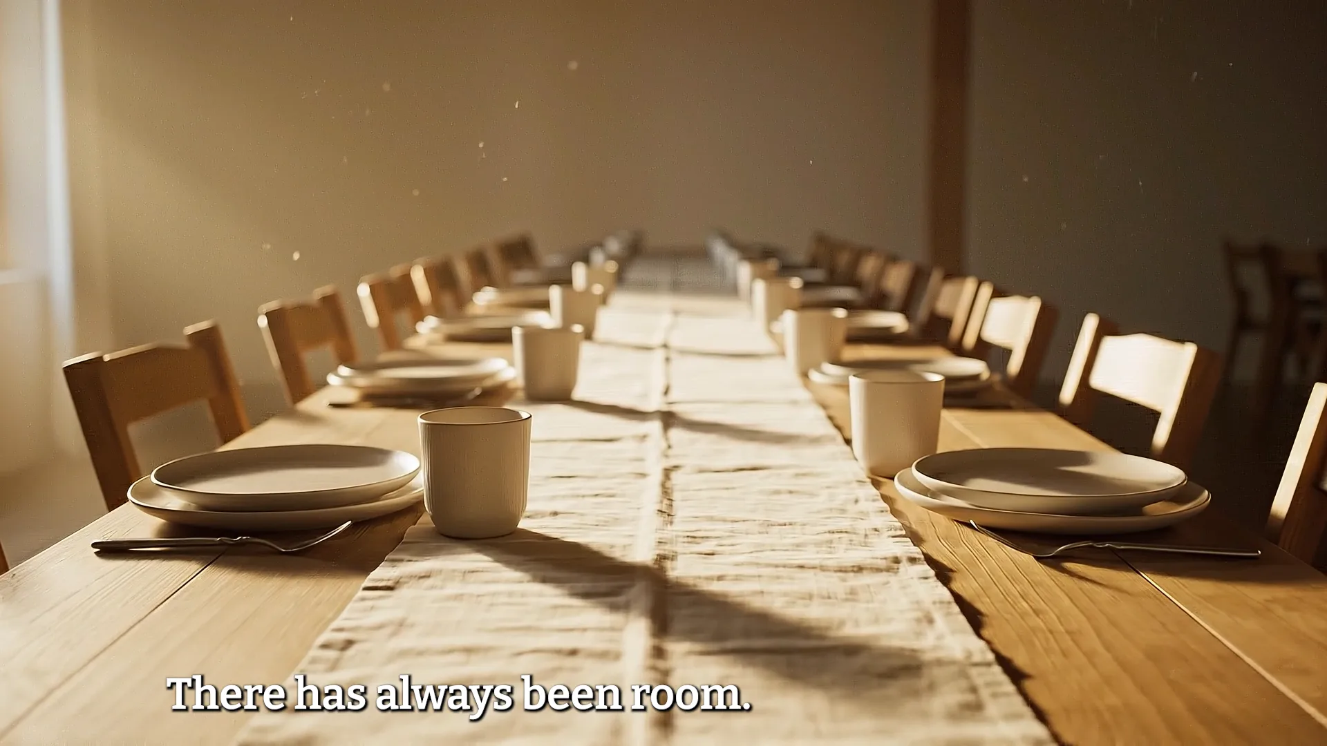 Long wooden table set for a meal with place settings, cups, and chairs on both sides, symbolizing an inclusive wider table