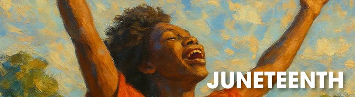 Juneteenth celebration artwork depicting a person with arms raised in joy and freedom against a golden sky
