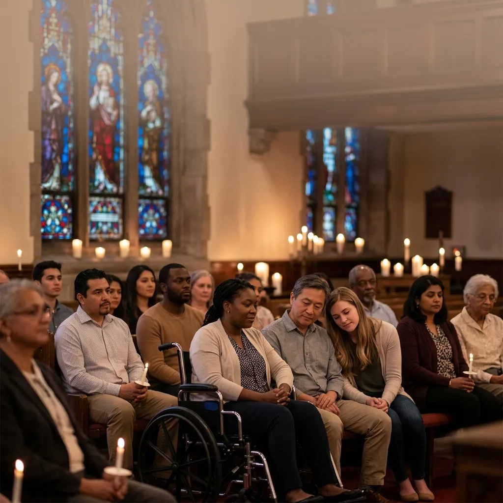 Diverse group of worshipers sitting in candlelit church sanctuary with stained glass windows, including a woman using a wheelchair, in a trauma-informed worship setting
