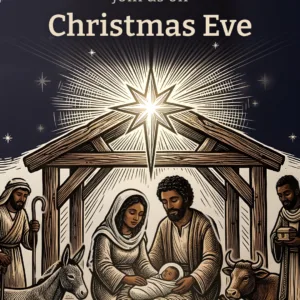 Woodcut-style nativity scene with Mary, Joseph, baby Jesus, shepherds, and animals under the Star of Bethlehem