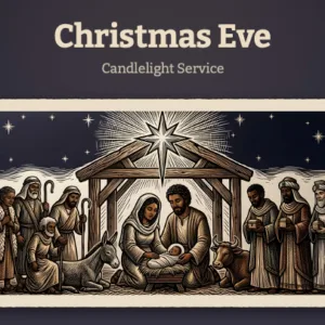 Woodcut-style nativity scene with Mary, Joseph, infant Jesus in manger, angels, and shepherds under star