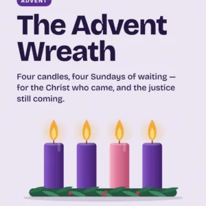 Advent wreath carousel graphic with four lit candles on evergreen base, purple and pink pillar candles for social media
