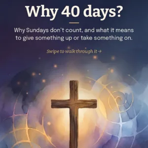 Lent explained social media carousel with wooden cross glowing against blue and gold atmospheric background