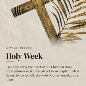 Illustrated palm fronds with cross symbol for "A Walk Through Holy Week" Easter devotional guide