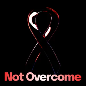 Red and blue glass ribbon with "Not Overcome" text on black background