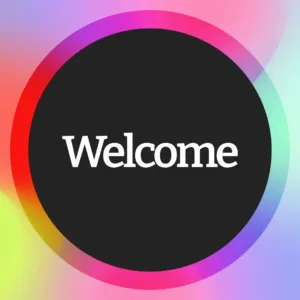 Colorful gradient background with rainbow ring and "Welcome" text in black circle for worship resources